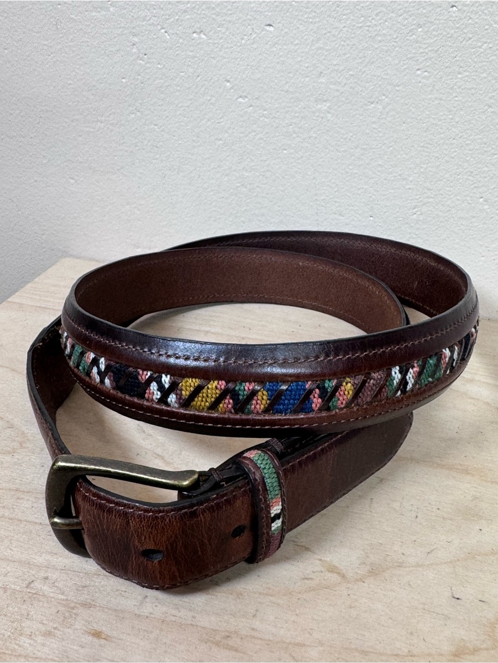 Columbia Brown Leather Belt Multicolor Woven Accents 42 Outdoor Gorpcore